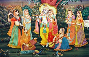 Radha Krishna met Sakhis genieten van muziek door School Indian