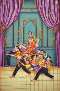 Radha Krishna met Sakhis miniatuurschilderij op papier door School Indian