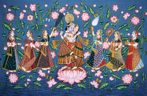 Radha Krishna met Sakhis Miniatuurschilderij op papier