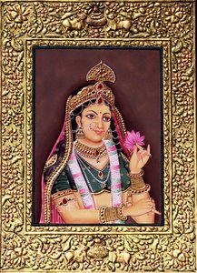 Radha miniatuurschilderij op papier met goudembossing