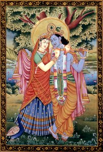Radha en Krishna liefdesscène miniatuur schilderij op papier