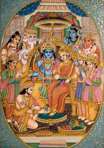Ram-Darbar met andere goden miniatuurschilderij op papier door School Indian