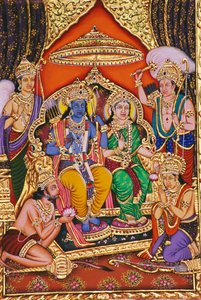 Ram Darbar Miniatuurschilderij op papier met reliëf door School Indian