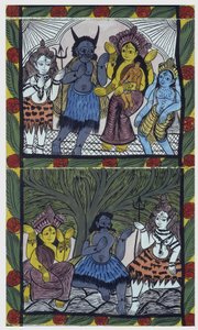 Shiva geeft leven aan Ganesha (Ganesh of Ganapati), in de armen van haar moeder Parvati, nadat hij haar hoofd in een woedeaanval had afgehakt. Pat: geschilderde rol uit de regio Bengalen, die dient als verhalend medium voor muzikanten Baoul (of baul). Leon
