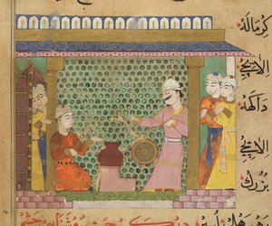 Sultan Ghiyath al-Din houdt toezicht op de bereiding van medicijnen, uit De Ni