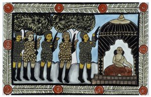 Het verhaal van de aanslagen van 11 september 2001 verteld door de peddelaars Baul uit Bengalen. Schilderij, serie, nummer 2/9, Bengalen