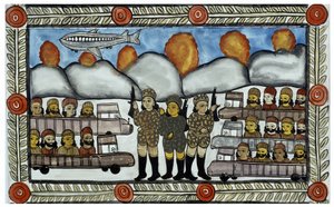Het verhaal van de aanslagen van 11 september 2001 verteld door de Baul-verkopers uit Bengalen. Schilderij, serie, nummer 8/9, Bengalen