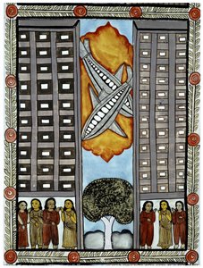 Het verhaal van de aanslagen van 11 september 2001 verteld door de straatverkopers Baul uit Bengalen, een illustratie van de vliegtuigen die deelnemen aan het World Trade Center in New York. Schilderij, serie, nummer 3/9, Bengalen door School Indian
