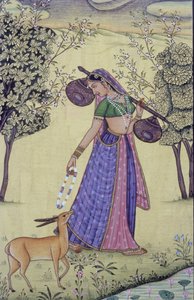 Vrouw met Rudra Veena en Bloemenslinger Miniatuurschilderij, India door School Indian