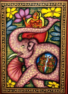 Vrouw zittend op olifant en bloem vasthoudend miniatuurschilderij, India