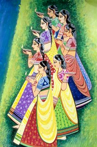 Vrouwen met olielamp miniatuurschilderij, India door School Indian