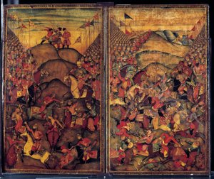 Slagveld. 17e-eeuws schilderij van Indo-Iraanse oorsprong. Museum voor Decoratieve Kunsten, Parijs door School Iranian