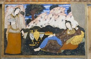 Fresco in het Chehel Sotoun paleis, Esfahan, Iran door School Iranian