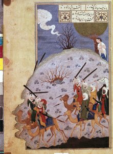 Majnun kijkt naar de strijd tussen Nawfal en de stam van Laila door een Iraanse meester