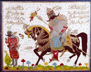 Islamitische kunst: glas schilderij dat de geschiedenis van Antar (Antar ibn Shaddad) afbeeldt door School Islamic