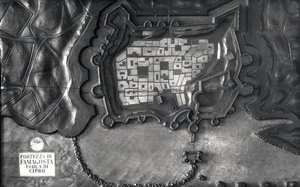 Een reliëfkaart van het fort van Famagosta op het eiland Cyprus in de 17e eeuw