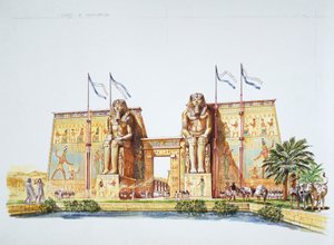 Oud Thebe - reconstructie van de beelden van Amemhotep III, bekend als de Kolossen van Memnon, ten tijde van Ramses II