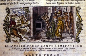 Bradamante ontmoet de tovenaar Melisse die haar vertelt dat zij en Roger (Ruggero, Ruggiero) de Este-dynastie hebben gesticht. Scène uit het riddergedicht 