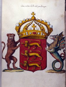 Wapen van de Britse koninklijke familie siert een kroon, een leeuw en een fantastisch wezen. Staatsarchief, Milaan