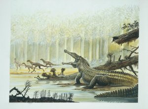 Rutiodon met Fabrosaurus op de achtergrond, Trias-periode door School Italian