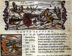 De reus Eryphila op een wolf vecht tegen Roger - Scène uit het riddergedicht 