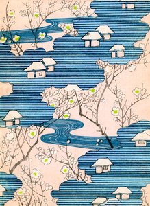 Patroon voor een Kimono-ontwerp: Huisjes met rivieren en kersenbloesems, c.1900