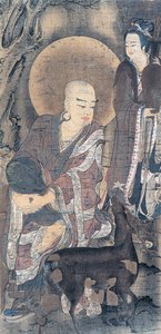 Religieus schilderij van jonge monnik met hinde, schilderij op zijde, Japanse beschaving, Heian-periode, 794-1185