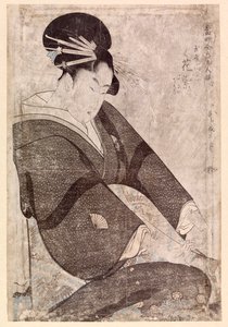 Zittende Japanse vrouw (kleur houtsnede) door School Japanese
