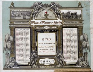 Herdenkingskalender voor toekomstige mortuariumdiensten van een overleden naaste. Jahrzeit schilderij. Joods Museum Basel, Zwitserland door School Jewish