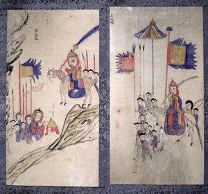 Een paneel van een achtvoudig scherm met een verhaal over de drie koninkrijken (natuurlijke pigmenten op papier) door School Korean