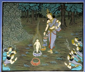 Geboorte van Boeddha. Fresco in Yongju Tempel, Suwon regio, Korea.