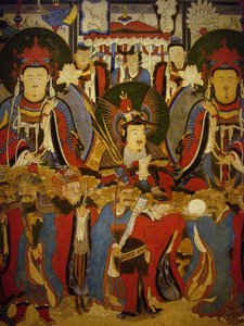 Boeddha en Bodhisattva begeleiden hun bewakers, schilderij op rol, periode Joseon (1392-1896), Korea. Fotografie, Seoul National Museum, Republiek Korea. door School Korean