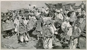 Koreaanse dragers in de haven van Chemulpo (Zuid-Korea), lossen de jonken - Illustratie naar een 19e-eeuwse foto door J. de Pange, uit Reizen in Korea door dokter Hagen door School Korean