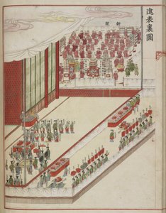 Koreaanse hofritueel. Pagina uit een hofmanuscript met de 60e verjaardag van de voltrekking in 1749 van het huwelijk van Lady Hyegyong en Kroonprins Sado door School Korean