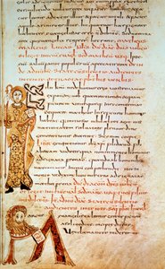 Sint Mattheüs; letter M (hoofd van de leeuw van Sint Marcus). Pagina in "Sacramentarium van Gellone", folio 42 (verlicht door David, ca. 790, Frankrijk) door School Merovingian