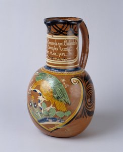 Volkskunst: pulque kruik (gefermenteerde agave alcohol) in beschilderde en geverniste terracotta, uit Mexico. 1972 Musée de la Vallée, Barcelonnette (Alpes de Haute Provence) door School Mexican