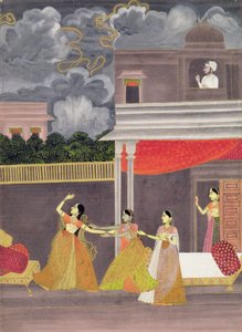 Een dame binnengebracht uit een storm in de nacht: illustratie uit de muzikale modus Madhu Madhavi, c.1760 door School Mughal