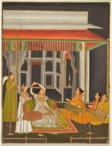 Een prinses op een terras met bedienden bij nacht (recto); kalligrafie (verso), ca. 1760 (dekkende aquarel met goud op papier) door School Mughal