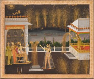 Dames vieren Diwali, ca. 1760 (dekkende aquarel en goud op papier) door School Mughal