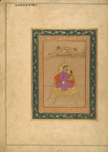 De 3e Mughal-keizer Akbar zittend op de koninklijke troon terwijl hij zijn kroon vasthoudt door School Mughal
