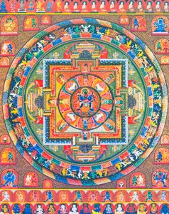 Chakrasambhara Mandala, afbeelding van de hoofdgod Sambhara die zijn gemalin Vajrabarahi omhelst, symboliseert de vereniging van wijsheid en praktijk om het hoogste geluk te bereiken door School Nepalese