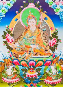 Afbeelding van Padmasambhava of guru Rimpoche, de vergoddelijkte apostel van het Tibetaanse tantrisme die naar verluidt demonen en geesten onder controle kreeg