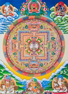 Mandala met duizend armen Avalokiteshvara; de heilige, magische cirkel die de elfkoppige Bodhisattva symboliseert die oneindig mededogen vertegenwoordigt