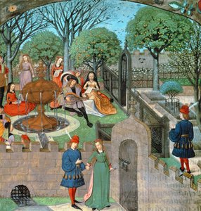 Tafereel in de tuin, de minnaar en dame Oyseuse (Luiheid) buiten de tuinmuren, uit 