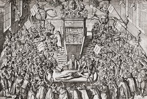 Studenten die een anatomieles bijwonen aan de Universiteit van Leiden, uit 