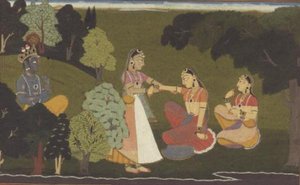 Een vertrouweling smeekt Radha om Krishna te ontmoeten, illustratie uit de 