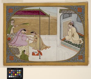 Een prins bespiedt de voorbereidingen van zijn minnares, c.1800 door School Pahari