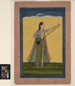 Een vrouw stemt haar tambura, ca. 1740 door School Pahari