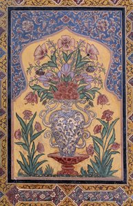 Vaas met bloemen, decoratief detail van de Wazir Khan-moskee (17e eeuw), Lahore, Punjab, Pakistan door School Pakistani