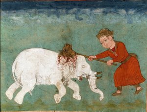 Islamitische kunst: Rostam doodt de witte olifant. Perzische miniatuur uit een manuscript van het epische gedicht 
